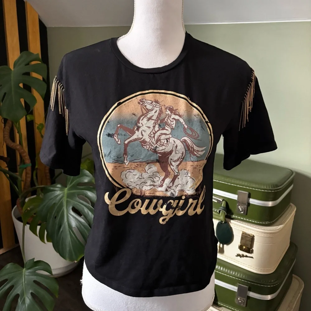 Organic Generation Cowgirl Tassel Sleeve Graphic Black Crop T-Shirt - Picture 3 of 12